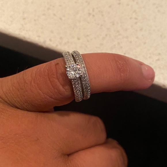 Round Cut Ring with Paved Band Set 925 Sterling Silver Engagement Ring - Picture 6 of 9